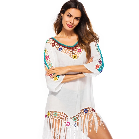 Women Bohemian Crochet Beach Cover Up Tassel Hem V Neck Hollow Out Tunic Dress Summer Vacation Swimwear Patchwork Top