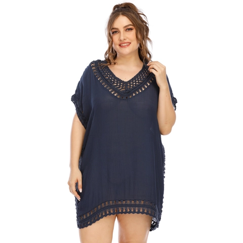 Damen Übergröße Strand Überwurf Häkel V Ausschnitt Boho Strickkleid Badeanzug Cover Up Urlaub Strandkleidung