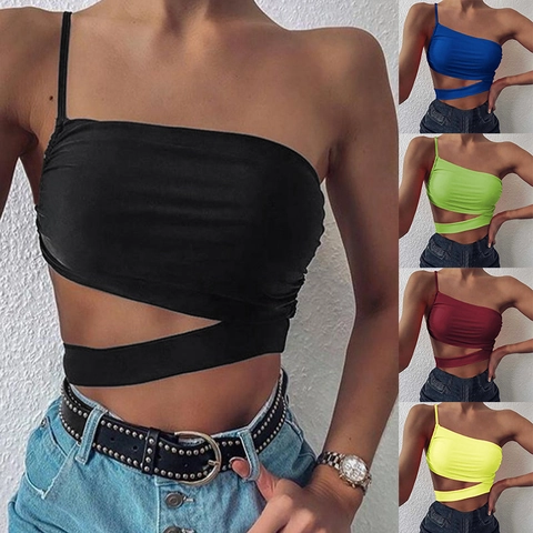 Women Sexy One Shoulder Cut Out Ruched Crop Top Solid Color Sleeveless Polyester Slim Fit Asymmetric Summer Clubwear Tank Top