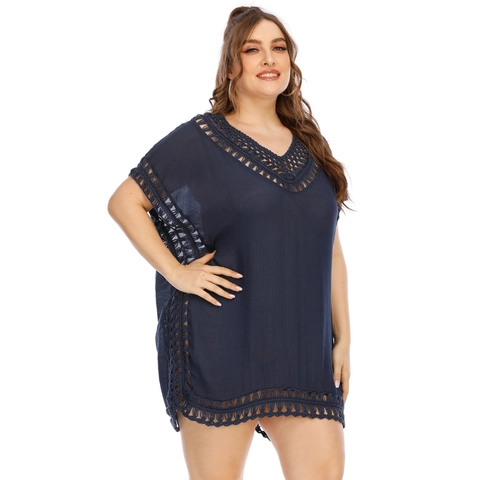 Damen Übergröße Strand Überwurf Häkel V Ausschnitt Boho Strickkleid Badeanzug Cover Up Urlaub Strandkleidung