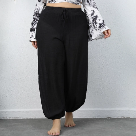 Damen Übergrößen Haremshose Elastische Hohe Taille Kordelzug Locker Lässige Leichte Pluderhose Einfarbig Strandhose