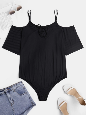 Plus Size Women's Cold Shoulder Ribbed Bodysuit Sexy Thin Strap Bow Knit Jumpsuit Solid Black Short Sleeve Summer Slim Romper