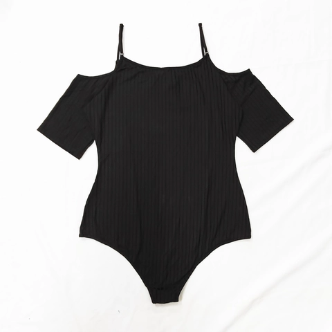 Plus Size Women's Cold Shoulder Ribbed Bodysuit Sexy Thin Strap Bow Knit Jumpsuit Solid Black Short Sleeve Summer Slim Romper