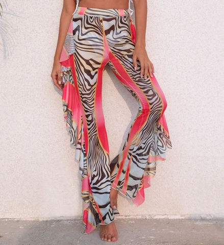 Bohemian Crochet Flower Tank Top And Zebra Print Mesh Ruffle Pants Multicolored Sexy Resort Beachwear Outfit For Women