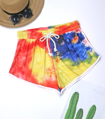 Women Plus Size Tie Dye Casual Shorts Elastic Waist Drawstring Summer Beach Sports Shorts With Contrast Piping