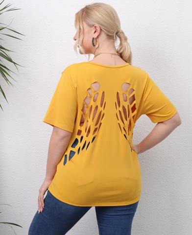 Women Plus Size T-Shirt Short Sleeve Round Neck Angel Wing Butterfly Cutout Back Casual Loose Top Polyester Spandex Shirt