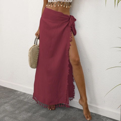 Women Sexy Solid Color Tassel Irregular Beach Sarong Skirt Bohemian Tie-Up Wraparound One-Piece Beachwear Vacation Maxi Skirt