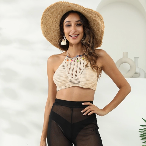 Top Bikini a Fascia all'Americana all'Uncinetto con Pompon Etnici Imbottito Intrecciato Sexy Canotta in Maglia Donna