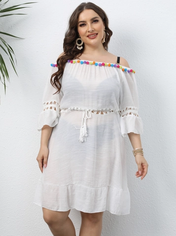 Plus Size Off Shoulder Strand Cover-up Jurk Met Gekleurde Pompons Gehaakte Opengewerkte Kwastjes Taille Ruffles Boho Jurk