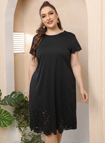 Women's Plus Size Casual Black Short Sleeve T-Shirt Dress Laser Cut Hollow Out Floral Hem Round Neck Loose Summer Mini Dress