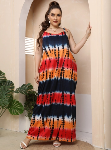 Damen Übergröße Batik Maxikleid Spaghettiträger V-Ausschnitt Gestreift Locker Boho Strand Lang Lässig Sommer Sonnenkleid