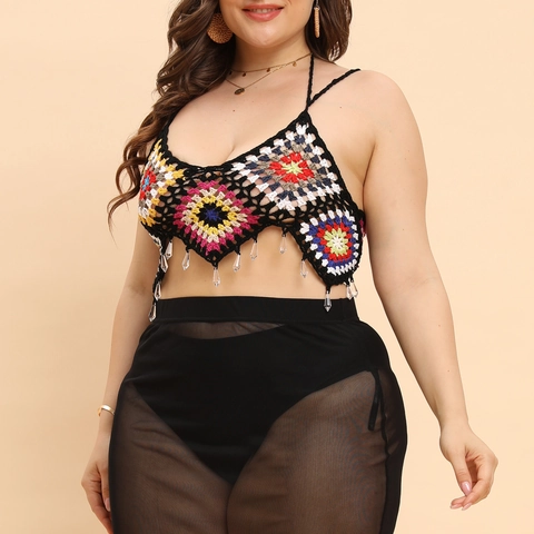 Boho Crochet Halter Top Und Schwarzer Netzhaut Rock Outfit Plus Size Bunt Geometrisch Patchwork Quaste Strand Resort Wear
