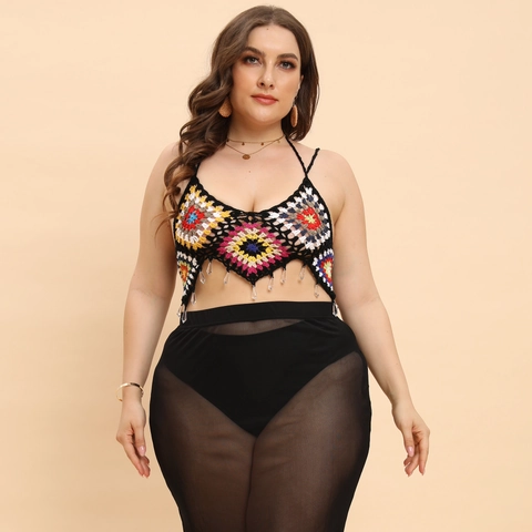 Boho Crochet Halter Top Und Schwarzer Netzhaut Rock Outfit Plus Size Bunt Geometrisch Patchwork Quaste Strand Resort Wear