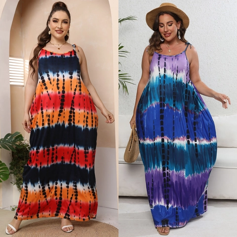 Damen Übergröße Batik Maxikleid Spaghettiträger V-Ausschnitt Gestreift Locker Boho Strand Lang Lässig Sommer Sonnenkleid