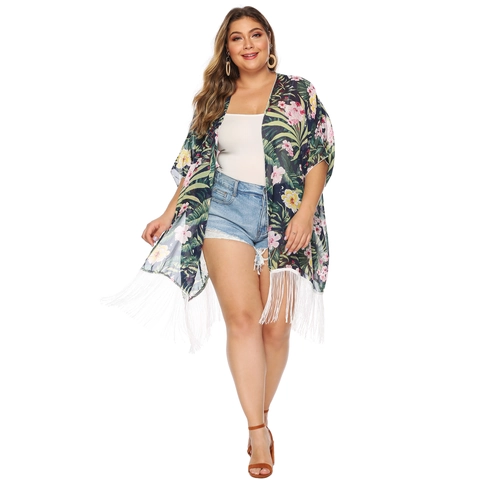 Women Plus Size Tropical Floral Print Chiffon Kimono Cardigan With Tassels Beach Vacation Sun Protection Cover Up Loose Top