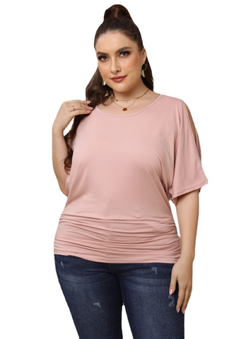 Γυναικείο T-Shirt Μεγάλο Μέγεθος Casual Εξώπλατο Με Σούρες Μανίκι Νυχτερίδα Μονόχρωμο Βαμβακερό Κοντό Μανίκι