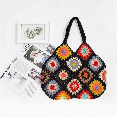 Handgefertigte Häkel Granny Square Blumen Tote Bag Damen Bohemian Patchwork Handtasche Strand Urlaub Lässig Schultertasche