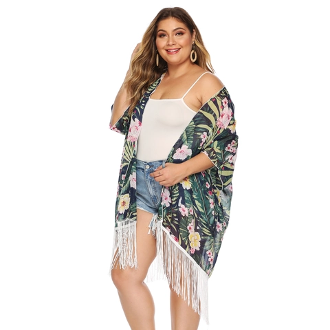 Women Plus Size Tropical Floral Print Chiffon Kimono Cardigan With Tassels Beach Vacation Sun Protection Cover Up Loose Top