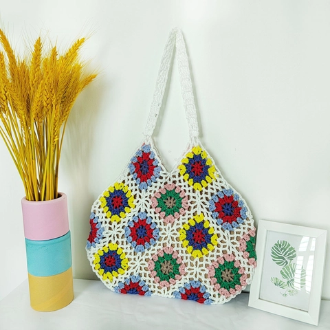 Handgefertigte Häkel Granny Square Blumen Tote Bag Damen Bohemian Patchwork Handtasche Strand Urlaub Lässig Schultertasche