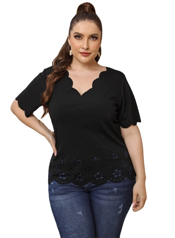Maglietta da Donna Taglie Forti Scollo a V Manica Corta Bordo a Onde Taglio Laser Traforato Fiore Top in Maglia Casual Estivo