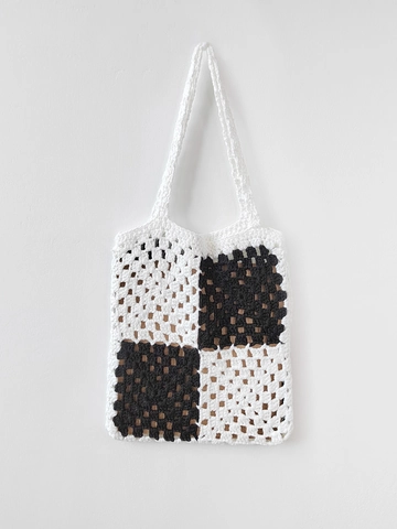 Vintage Handgefertigte Häkel Tragetasche Damen Böhmisch Granny Square Kontrastfarbe Strick Handtasche Lässige Urlaubstasche