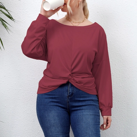 Camiseta Casual de Manga Larga para Mujer Talla Grande Color Sólido Nudo Girado Cuello Redondo Asimétrico de Punto Otoño
