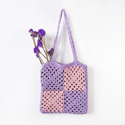 Vintage Handgefertigte Häkel Tragetasche Damen Böhmisch Granny Square Kontrastfarbe Strick Handtasche Lässige Urlaubstasche