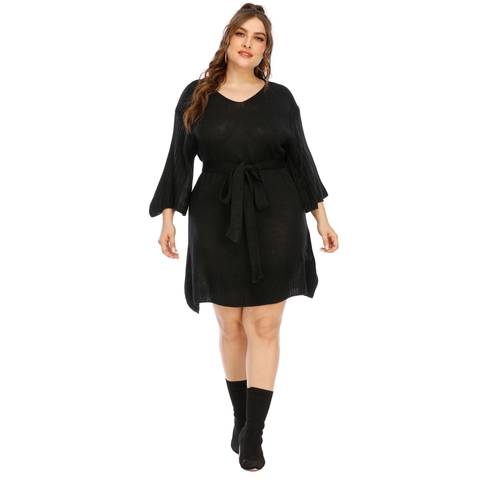 Abito in Maglia Taglie Forti Donna Nero Scollo a V Maniche a Campana Laccio in Vita Casual Tinta Unita Elegante Lunghezza Media