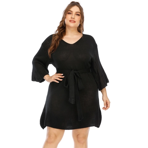 Women Plus Size V-Neck Knit Dress Flare Sleeve Belted Solid Color Autumn Winter Casual Fashion Mid-Length Sweater Dress