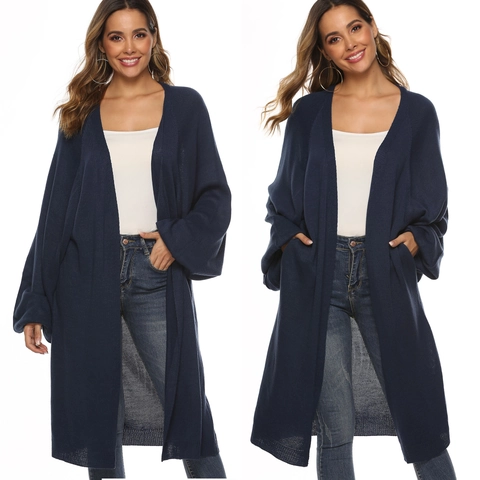 Cardigan Lungo in Maglia da Donna Manica a Pipistrello Aperto Davanti Maglione Capispalla Con Tasche Casual Blu Notte Maglieria