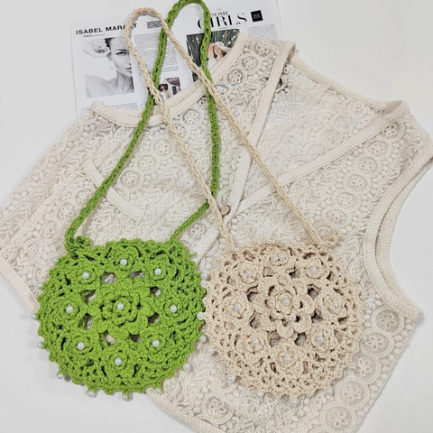 Borsa a Tracolla da Donna a Fiori Fatta a Mano All'Uncinetto Con Künstliche Perle Bianche Stile Boho Etnico Piccola Borsa Porta Cellulare