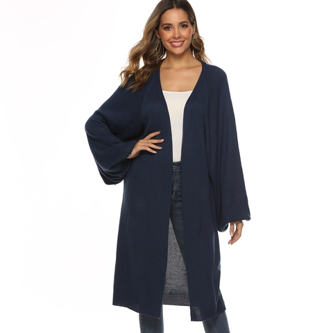 Cardigan Lungo in Maglia da Donna Manica a Pipistrello Aperto Davanti Maglione Capispalla Con Tasche Casual Blu Notte Maglieria