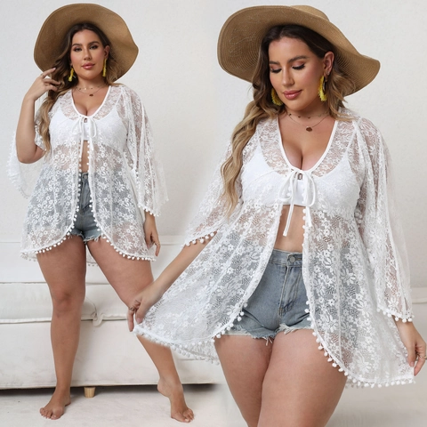Copricostume da Spiaggia Taglie Forti in Pizzo Bianco Floreale per Donna Finitura a Pompon Coulisse Trasparente Bikini Cardigan Vacanza Top