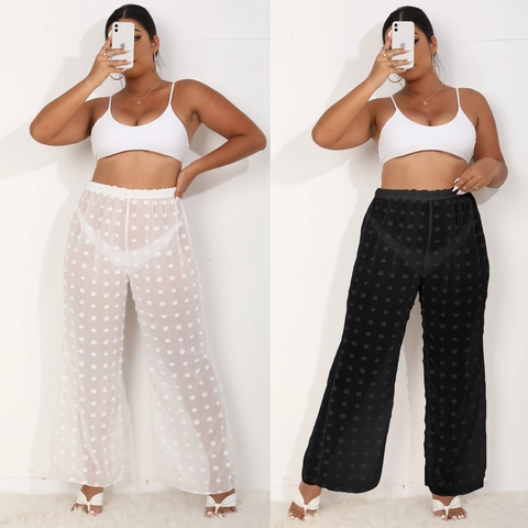 Pantalones de Playa de Gasa Transparentes Sexy de Talla Grande para Mujer Lunares 3D Pierna Ancha Rectos Casuales Vacaciones Z789