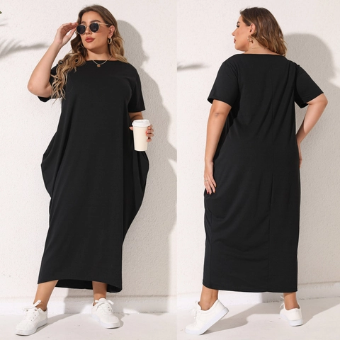 Women Plus Size Solid Black Short Sleeve Round Neck Maxi Dress with Pockets Loose Casual Cotton Blend Asymmetric Cocoon Dress