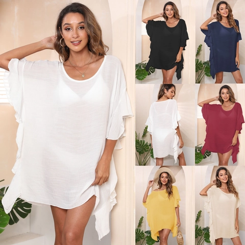 Γυναικείο Beach Cover Up με Μανίκια Βολάν Χαλαρό Μονόχρωμο Μπικίνι Coverup Oversized Καλοκαιρινό Φόρεμα Διακοπών Πολυεστέρας