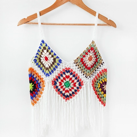 Boho Gehäkelt Quaste Camisole Top Granny Square Patchwork V Ausschnitt Fransen Ärmellos Sommer Strand Tank Top Damen