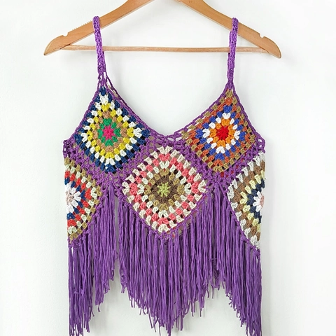 Boho Gehäkelt Quaste Camisole Top Granny Square Patchwork V Ausschnitt Fransen Ärmellos Sommer Strand Tank Top Damen