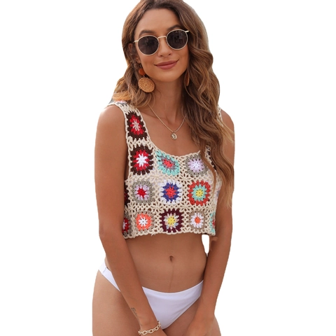 Damen Bohemian Häkeln Granny Square Crop Top Handgefertigt Buntes Florales Patchwork Ärmelloses Urlaubs Strand Tank Top