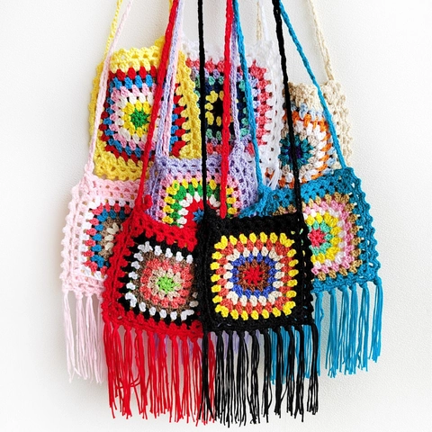 Handgemachte Häkel Granny Square Umhängetasche Für Damen Bohemian Quaste Schultertasche Retro Patchwork Mini Handtasche