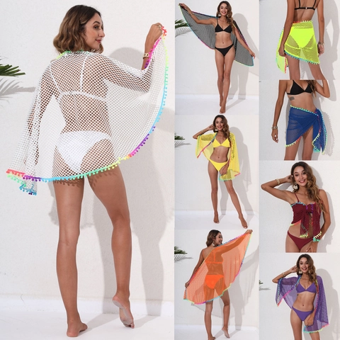Gonna da Spiaggia Sexy in Rete per Donna Con Pompon Colorati Nappa Intagliata Copricostume da Bagno Sciarpa Avvolgente