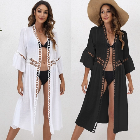 Damen Casual Strand-Abdeckung Strickjacke Aushöhlen Spitzen-Spleiß Locker Mittellang Trompetenärmel Sonnenschutz Bademode Oberbekleidung