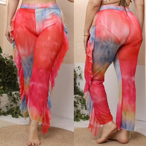 Plus Size Damen Durchsichtige Mesh Strandhose Sexy Hohe Taille Batik Schlaghose Bohemian Sommer Urlaub Unterteile