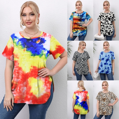 Damen Übergröße T-Shirt Rundhalsausschnitt Batik Leopard Kuhmuster Kurzarm Schlitz Saum Locker Lässig Sommer Pullover Top