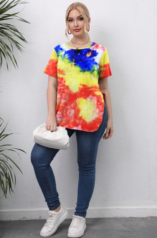 Damen Übergröße T-Shirt Rundhalsausschnitt Batik Leopard Kuhmuster Kurzarm Schlitz Saum Locker Lässig Sommer Pullover Top