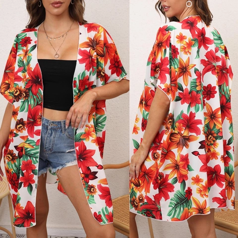 Dames Boheemse Tropische Bloemenprint Kimono Cardigan Los Open Voorkant Chiffon Strand Cover Up Voor Zomervakantie Wit