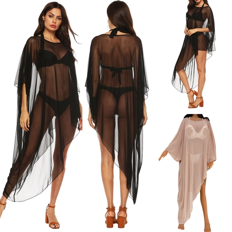 Capa de Playa de Malla Sexy para Mujer Dobladillo Irregular Color Sólido Manga de Murciélago Bikini Transparente para Vacaciones de Verano Resort