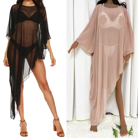 Capa de Playa de Malla Sexy para Mujer Dobladillo Irregular Color Sólido Manga de Murciélago Bikini Transparente para Vacaciones de Verano Resort