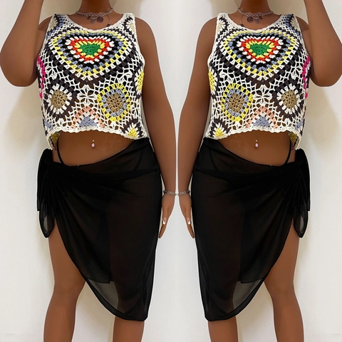 Top Crop Boho Fatto a Mano all'Uncinetto Donna Taglie Forti Patchwork Colorato Granny Square Etnico Canotta Senza Maniche