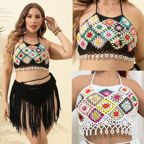 Damen Übergröße Boho Handgehäkelt Granny Square Halter Top Und Fransenrock Strandbekleidung Bikini Für Den Urlaub